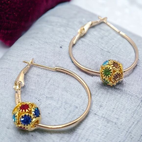 Cute Gold Rhinestone Hoop Earrings Round Shaped Pierced Jewelry Colorful NWT - Picture 4 of 10
